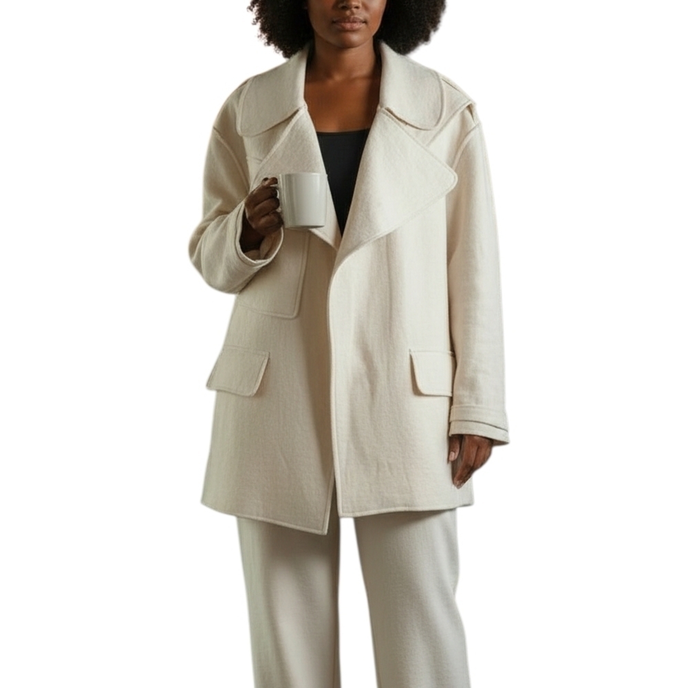 Maison Rabih Kayrouz Cream Open Pea Coat Patch Flap Pockets Women’s Size 42